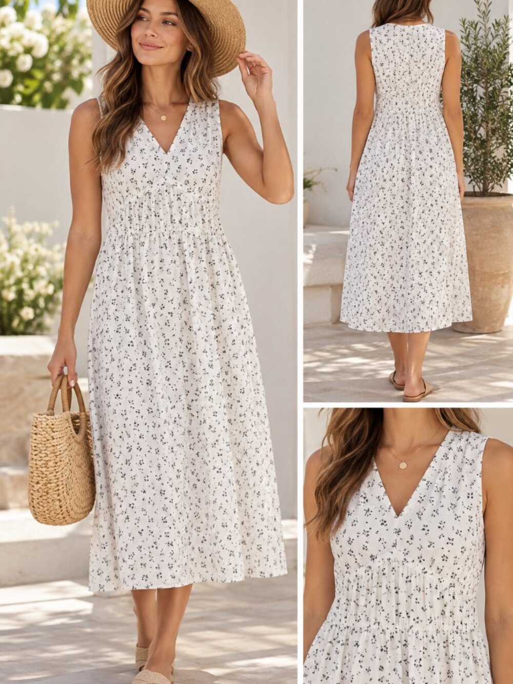 UNIQLO Floral Midi Dress White Black Cotton Lined Sleeveless